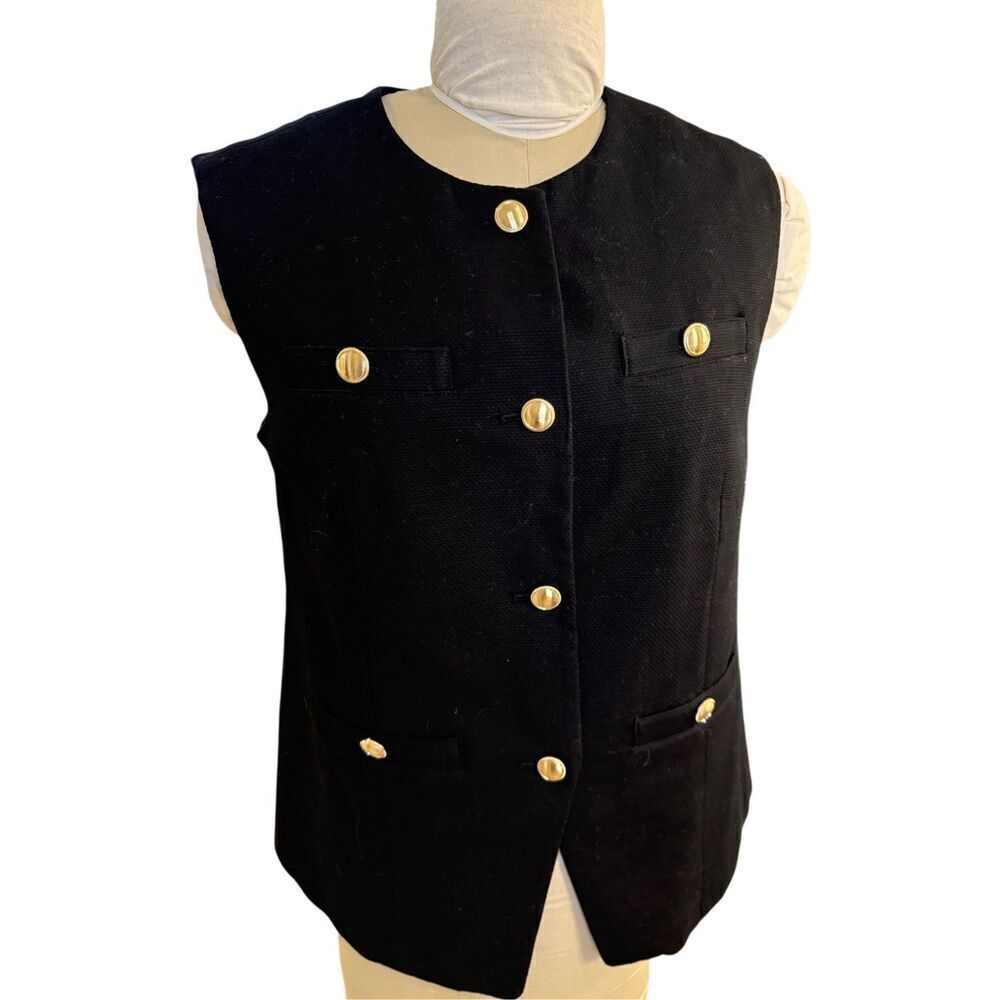 NWOT Talbots Textured Vest Sz. 10P Black Gold Buttons Sleeveless Long - Picture 4 of 12